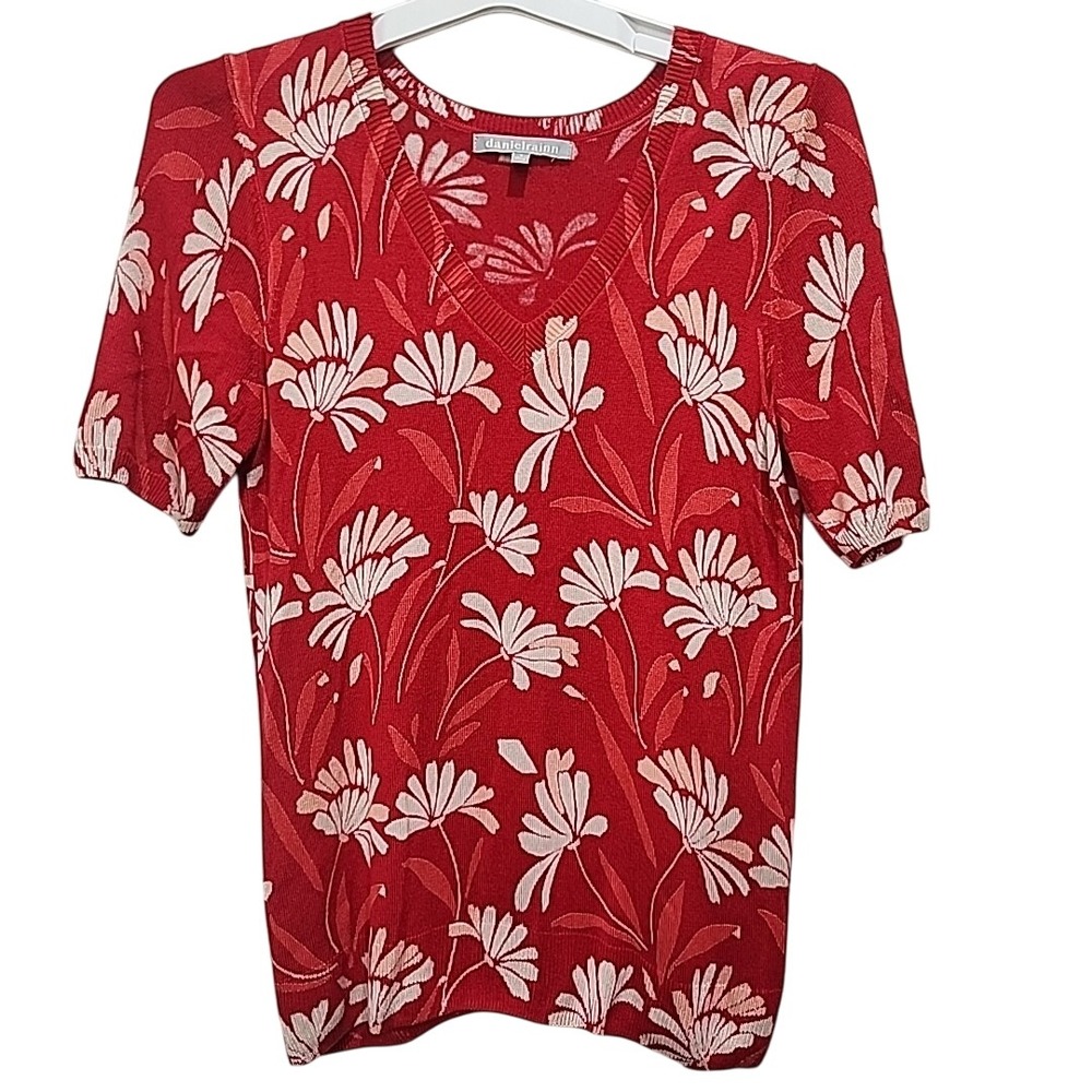 New Daniel Rainn Paloma Short Sleeve Floral Red 100% Viscose Blouse Luxury Sz Sm